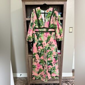 FARM Rio Deep V Wide Leg Tropical Print Jumpsuit